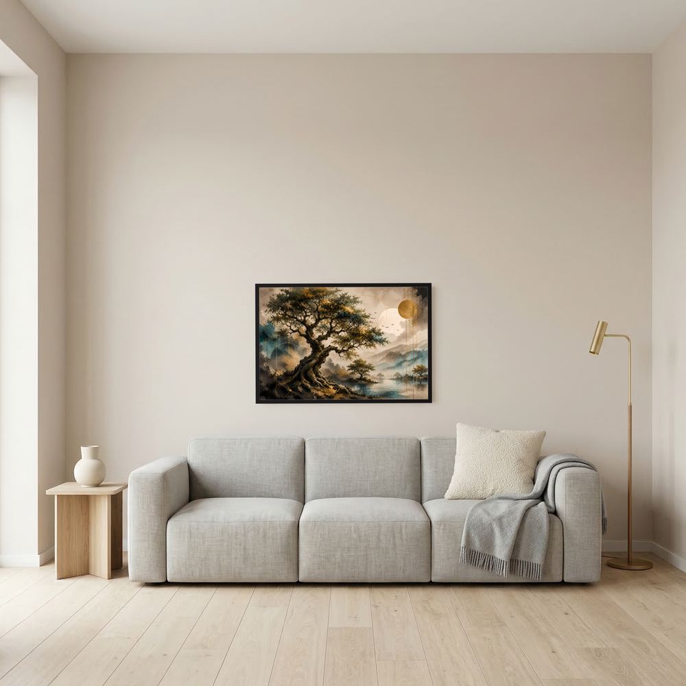 Kleines gerahmtes Poster mit Baum am Wasser, goldenen Kreisen und Petrolfarben