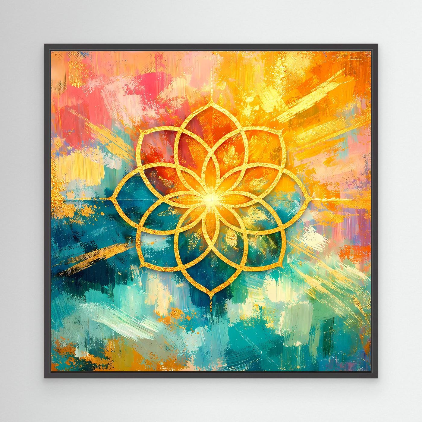 Quadratisches Leinwandbild mit schwarzem Rahmen: goldenes Blume-des-Lebens-Mandala, bunt