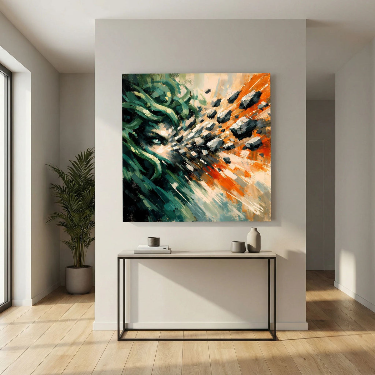 Leinwandbild mit Medusa-Gesicht, grünen Haarlinien und orange-weißen Pinselstrichen, schwarzer Rand