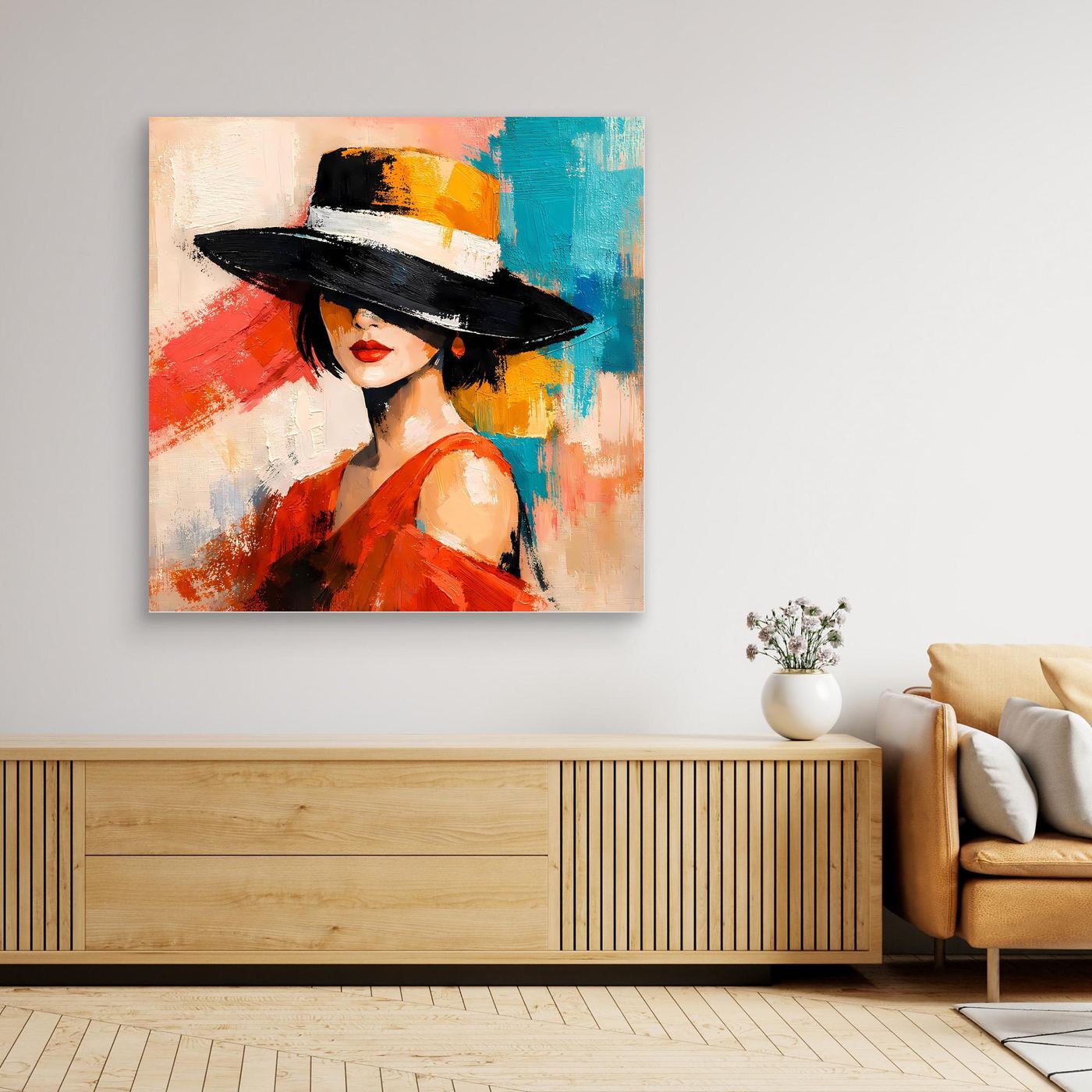 Abstract portrait canvas of a woman in a black hat and red dress with colorful texture