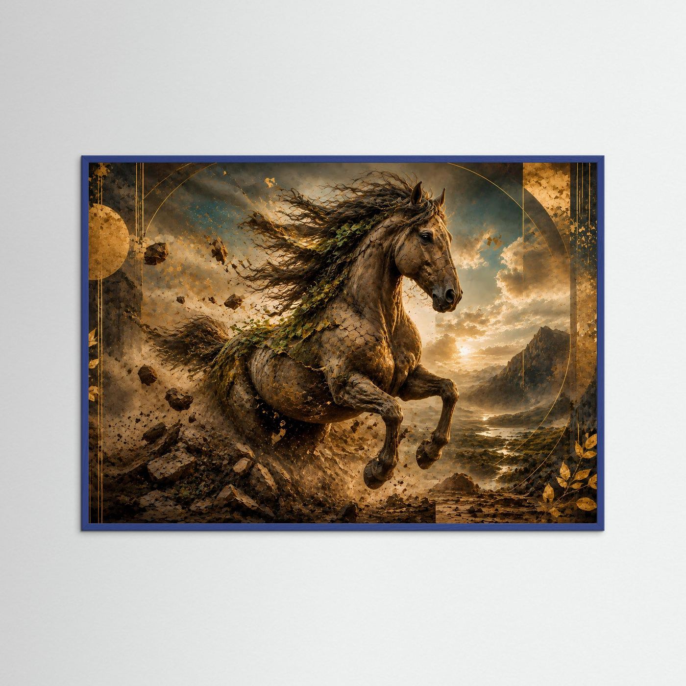 Querformat-Poster in Blau umrandet: galoppierendes Pferd, gold-dunkle Berge und Rauchwolken.