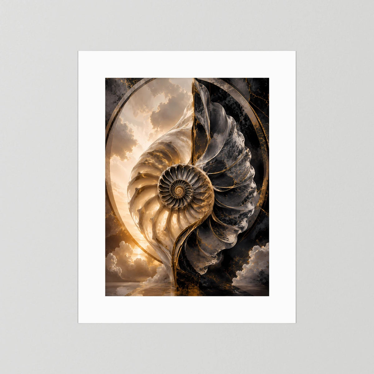 Kunstposter mit Muschelmotiv in Schwarz, Gold und Weiß, mit weißem Passepartout