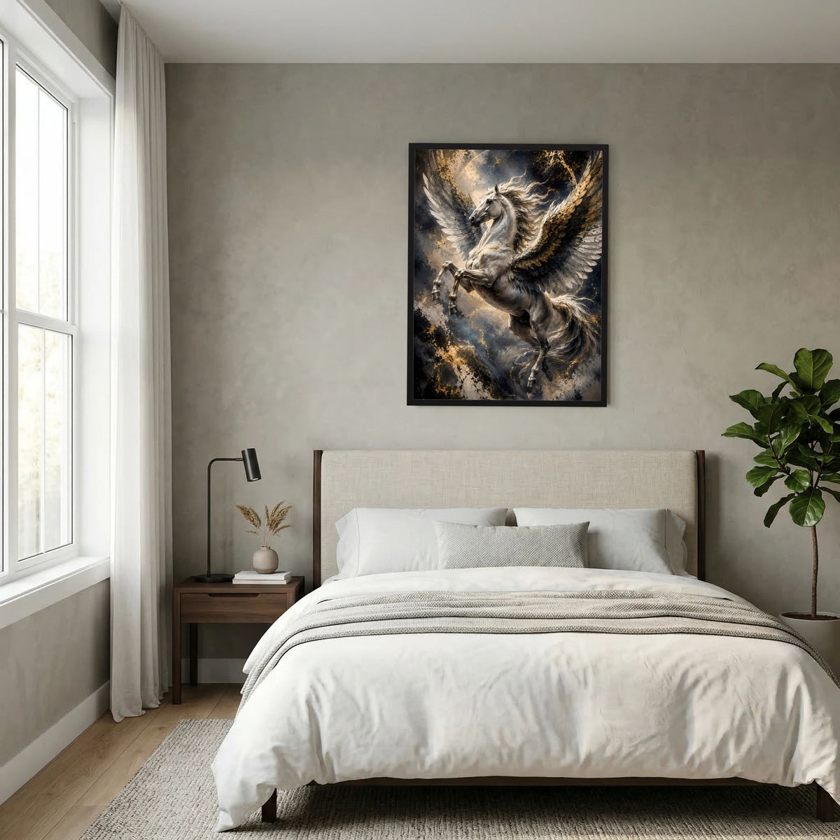 Poster mit Pegasus, goldene Akzente an den Flügeln, schwarzer Rahmen über dunklem Motiv
