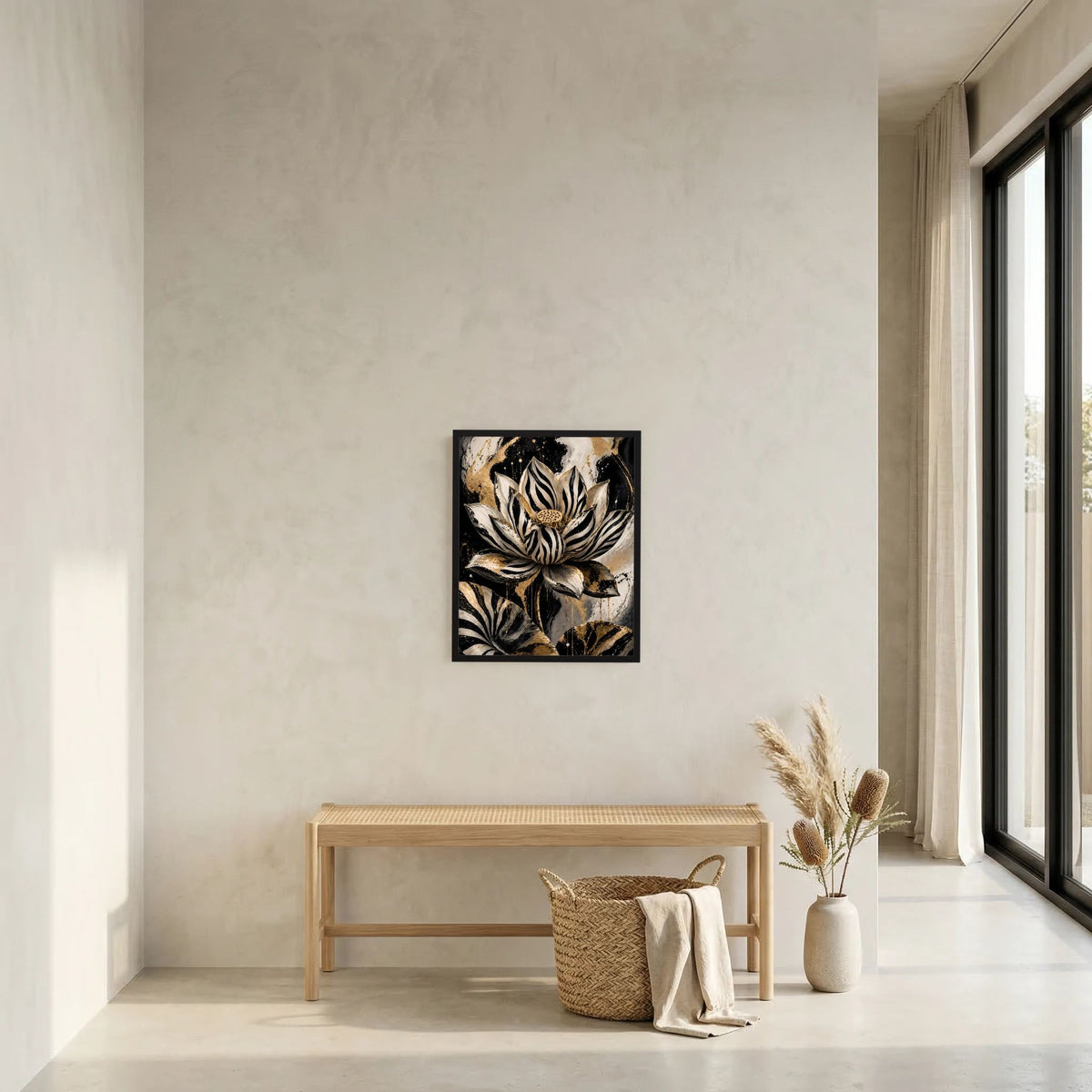 Abstraktes Lotusblüten-Poster mit schwarzem Rahmen und gestreifter Blume in Schwarz/Gold