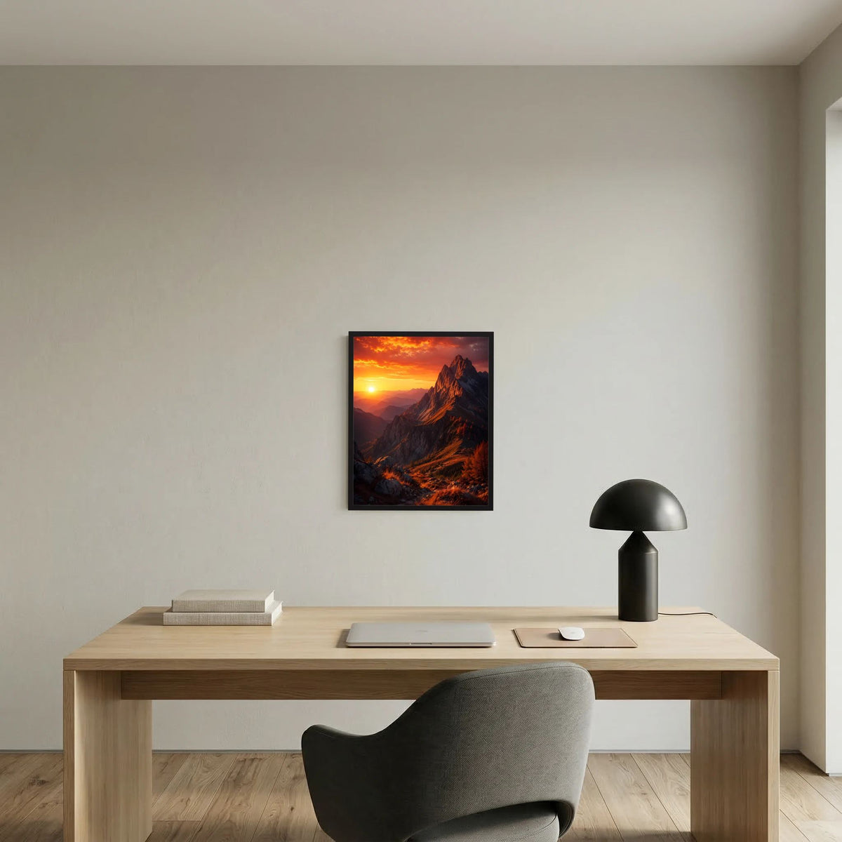 Hochformat-Poster an der Wand mit schwarzem Rahmen: Bergspitzen bei Sonnenuntergang, orangefarbenes Licht.