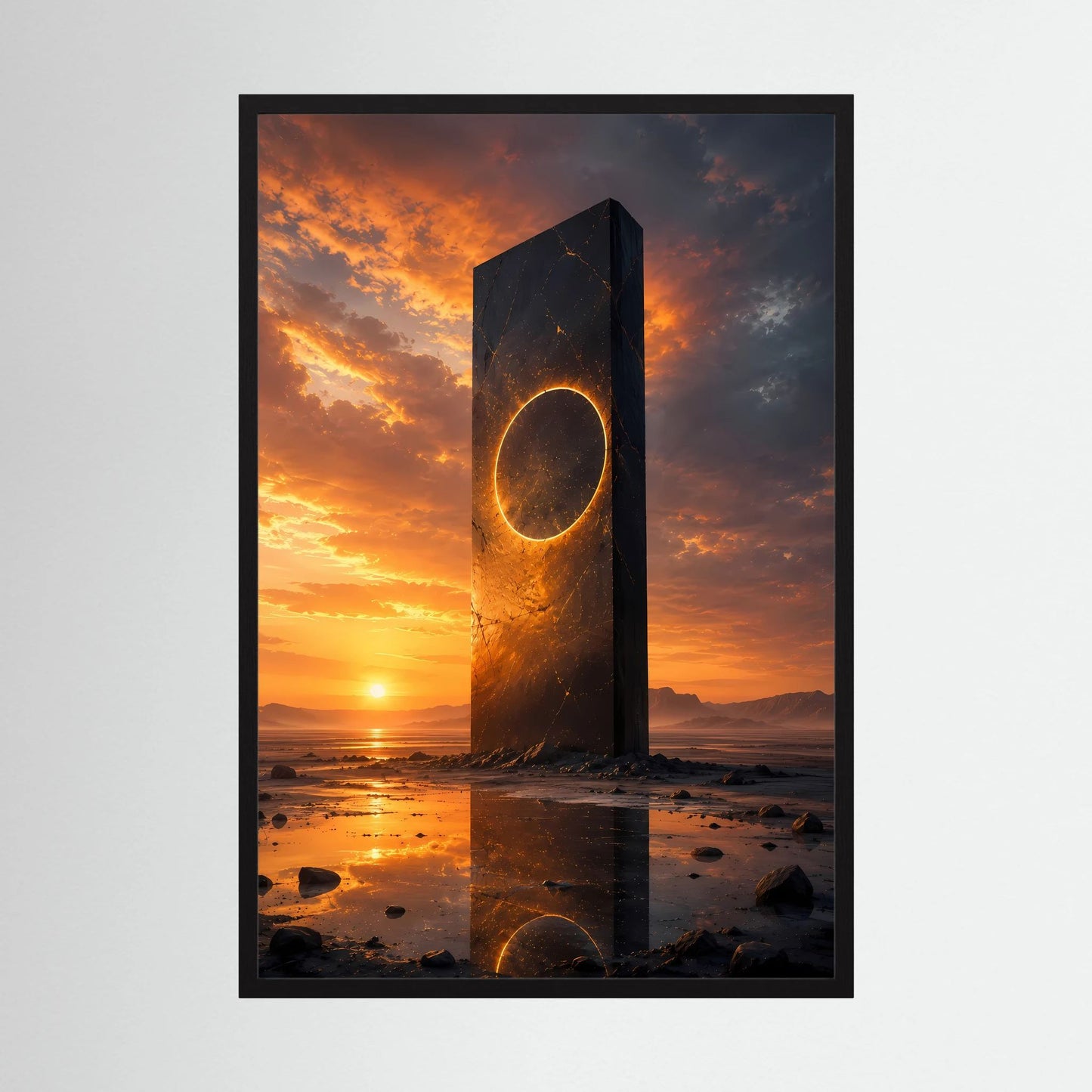 Hochformat-Poster im schwarzen Rahmen: Monolith mit goldenem Portal bei Sonnenuntergang.