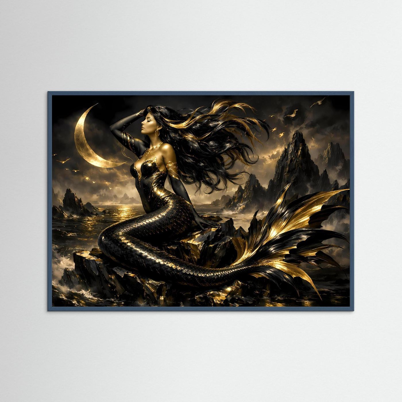 Fantasy-Wandbild mit Meerjungfrau bei Mondschein, dunkelblauer Holzrahmen