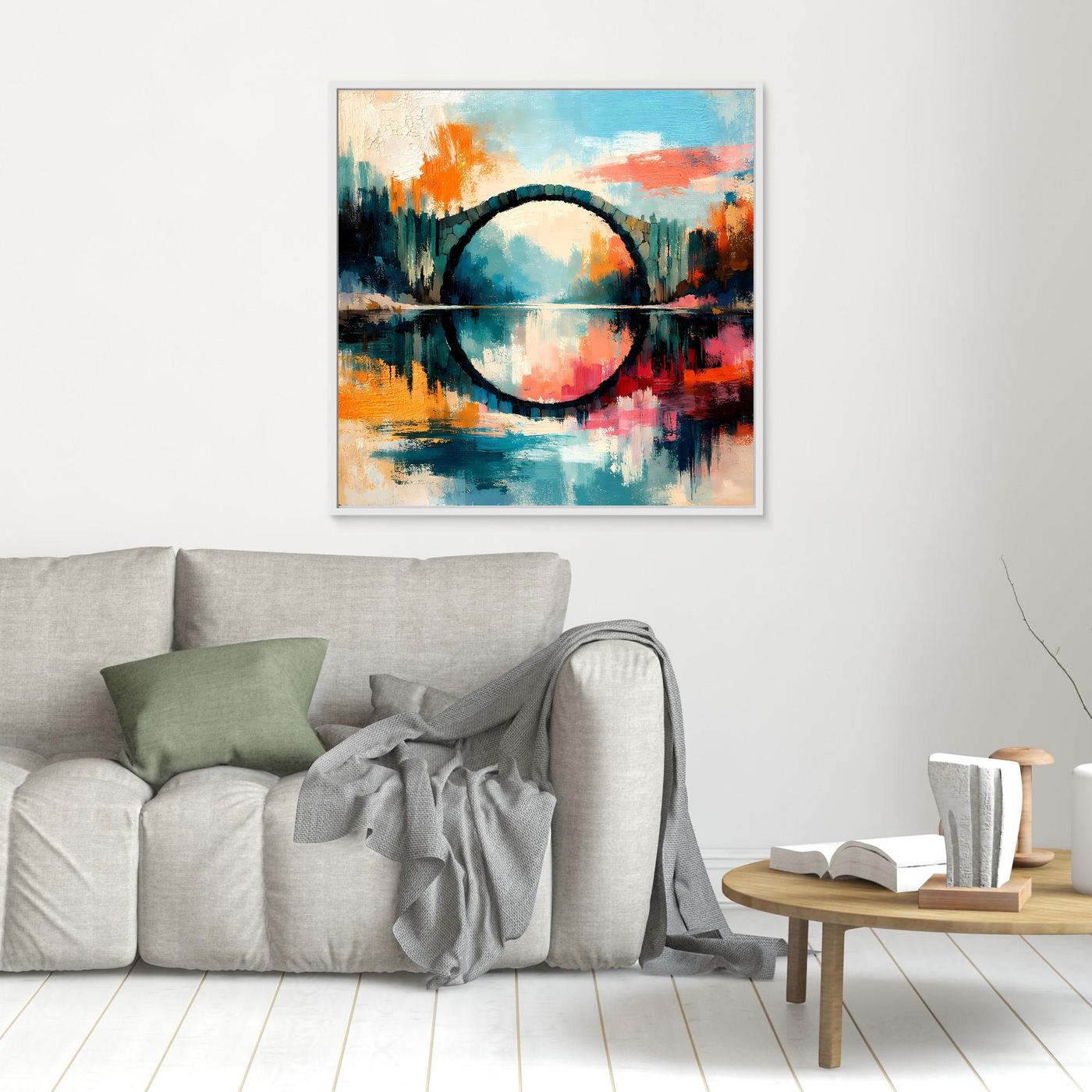 Premium Leinwand Mystische Kreisbrücke im Wasser | Abstraktes Natur Wandbild farbenfroh