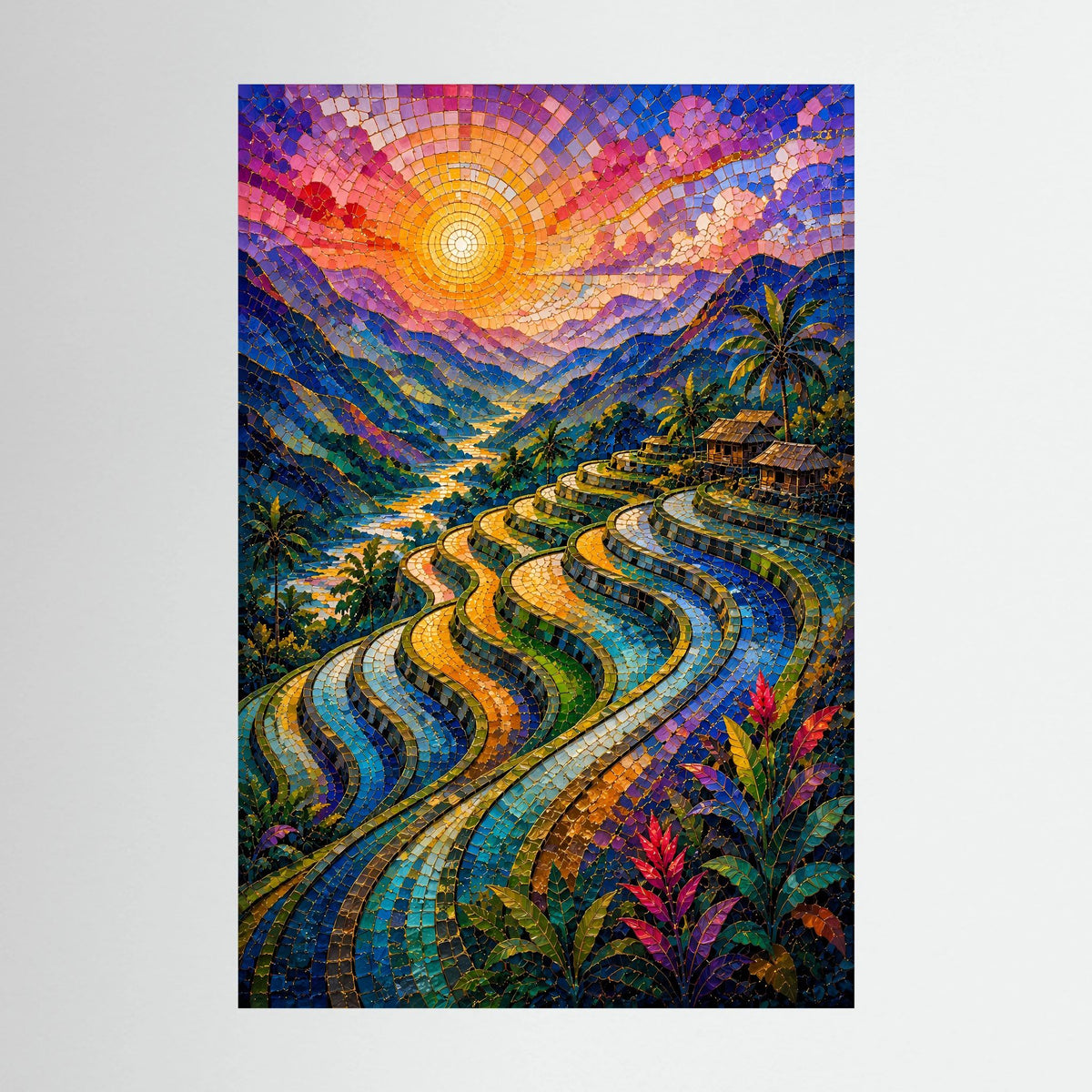 Reisterrassen im Sonnenuntergang | Farbenfrohe Mosaik Landschaft | Poster Hochformat