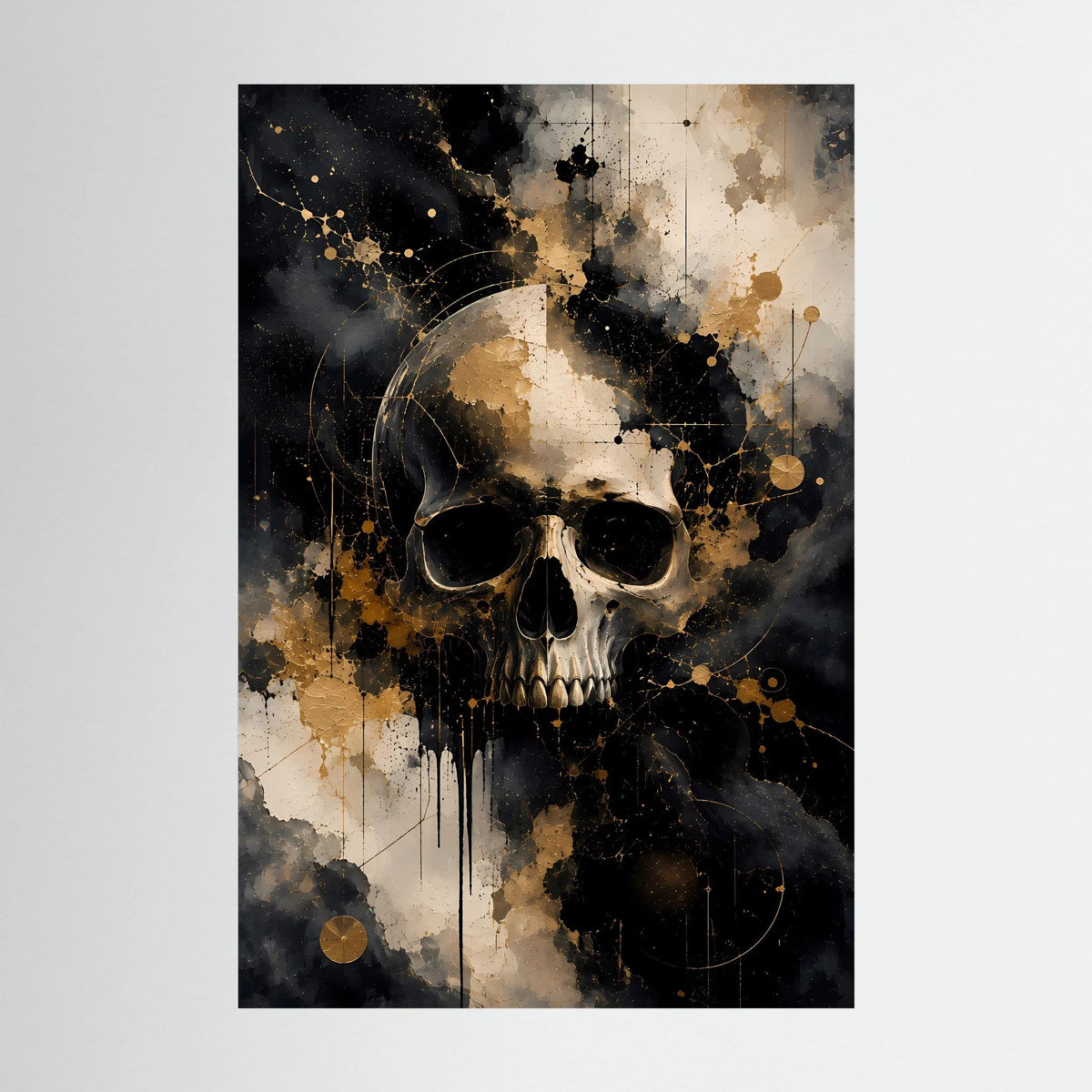 Abstraktes Totenkopf-Poster im Hochformat, schwarz, weiß und gold