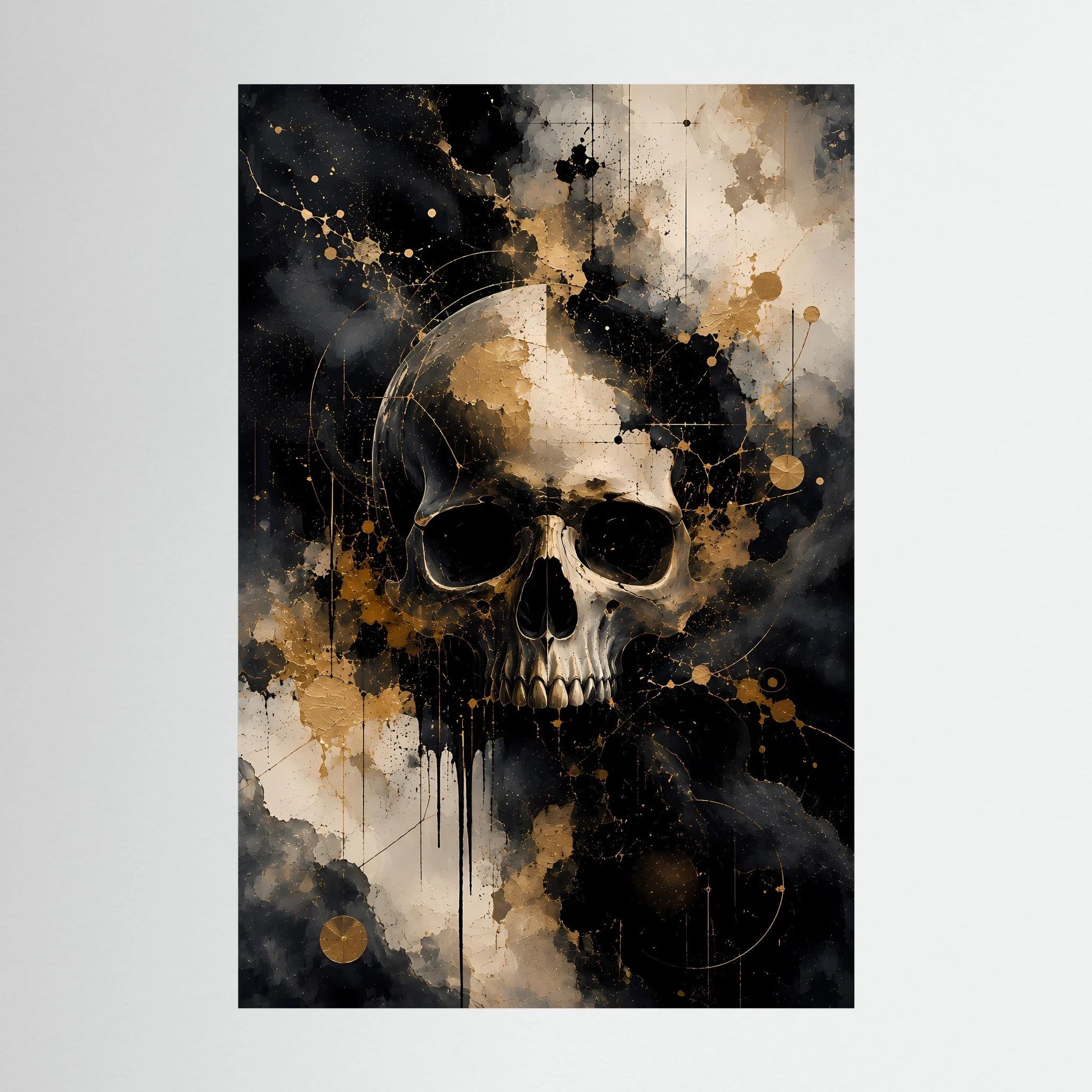 Abstraktes Totenkopf-Poster im Hochformat, schwarz, weiß und gold