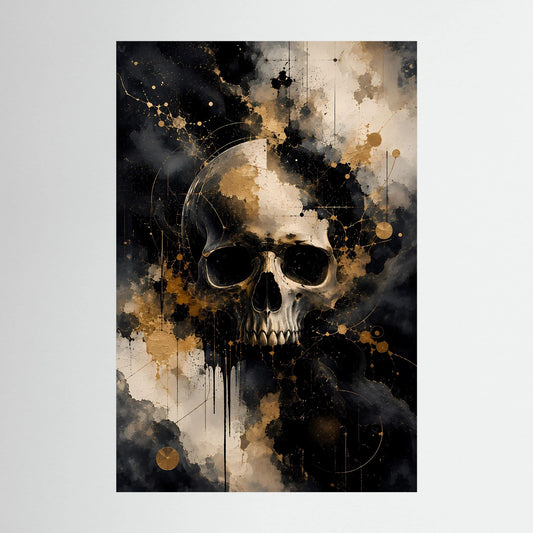 Abstraktes Totenkopf-Poster im Hochformat, schwarz, weiß und gold