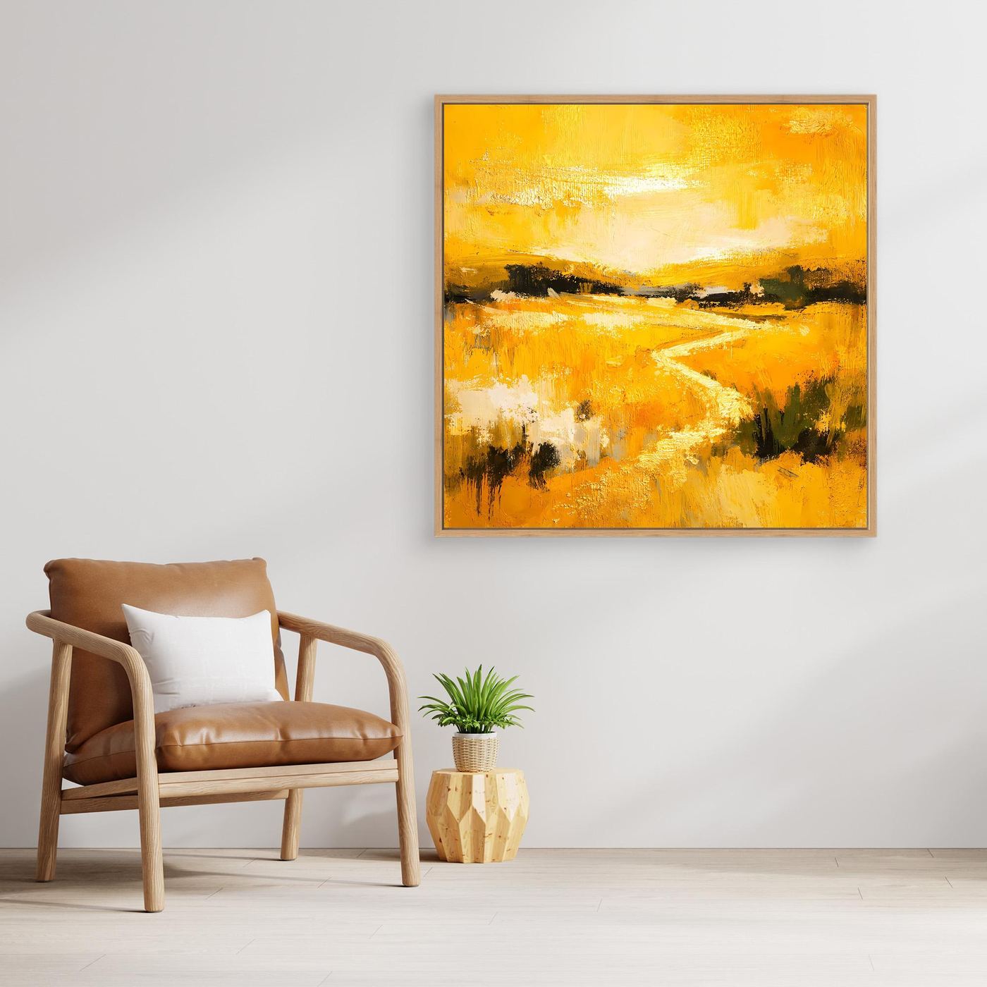 Leinwand Abstraktes Landschaftsgemälde in Gelb und Gold | Modernes Natur Wandbild mit Fluss