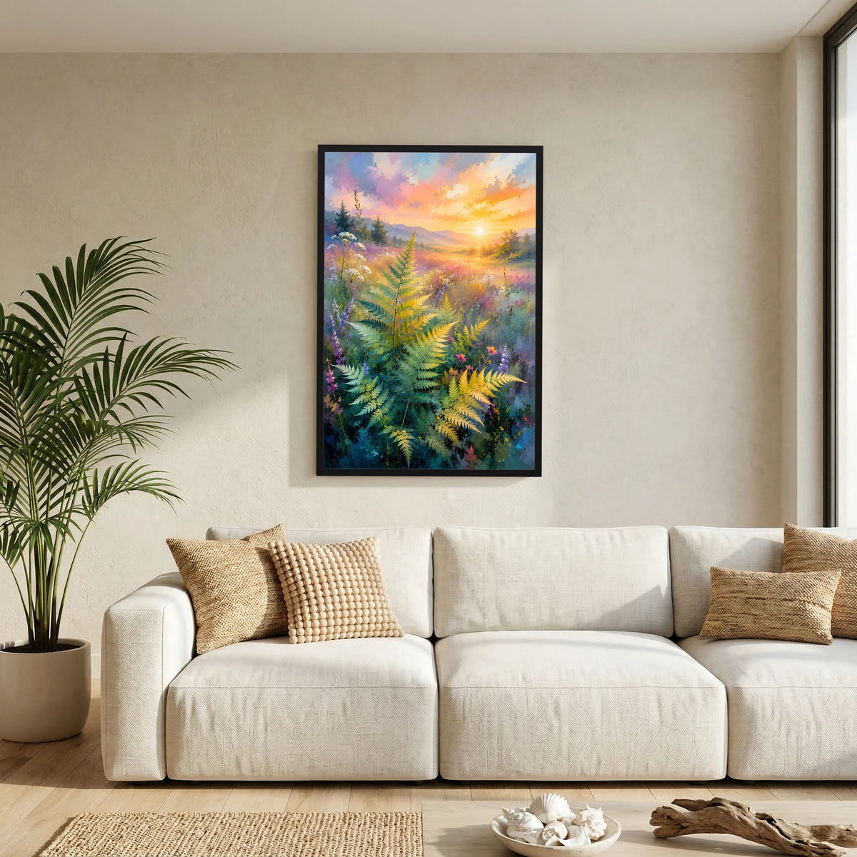 Wandposter im Hochformat mit Farnlandschaft in Pastellfarben, Sonnenaufgang, schwarzer Rahmen