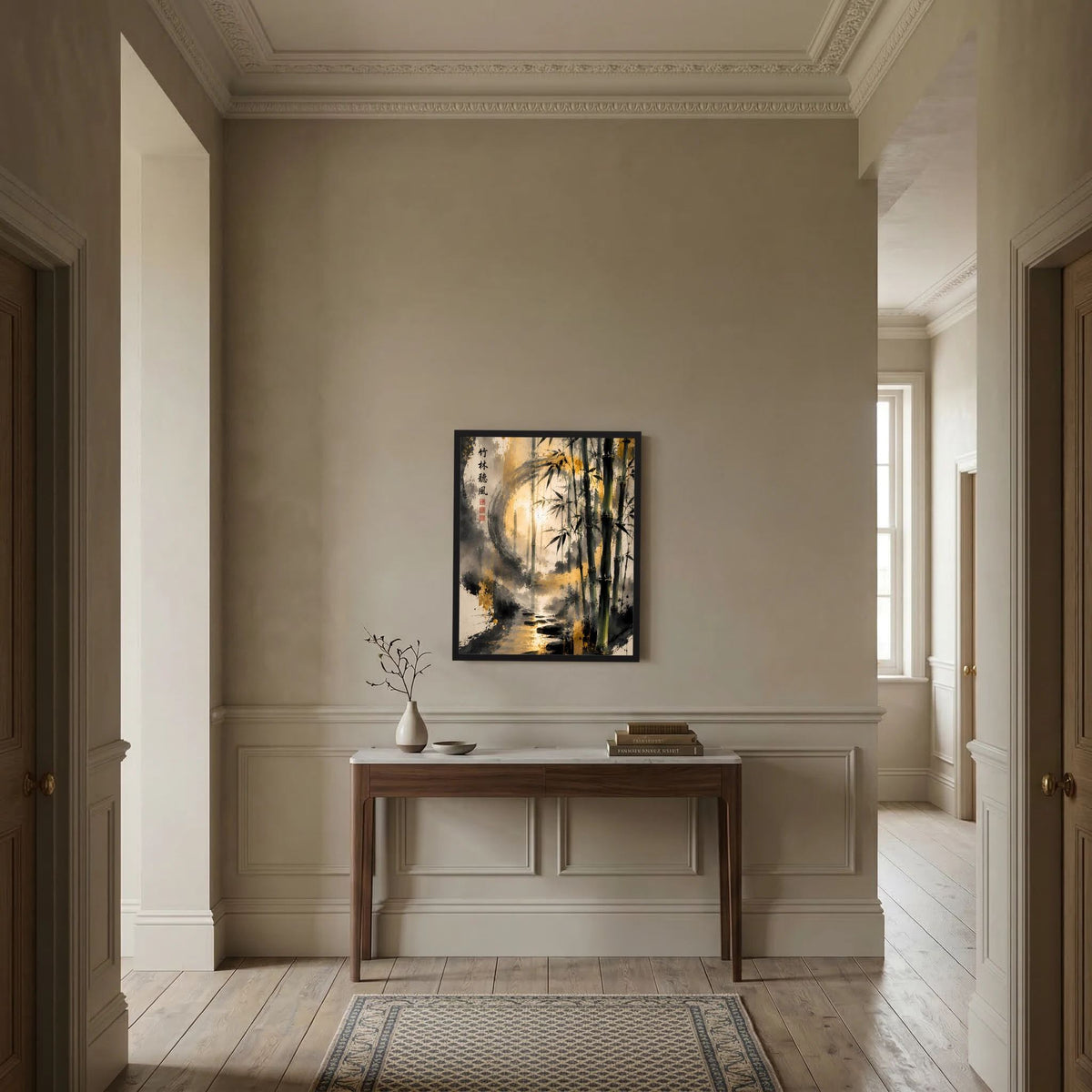 Zen-Kunstposter mit Bambus am Bach, Tuschemalerei, schwarzer Rahmen an der Wand