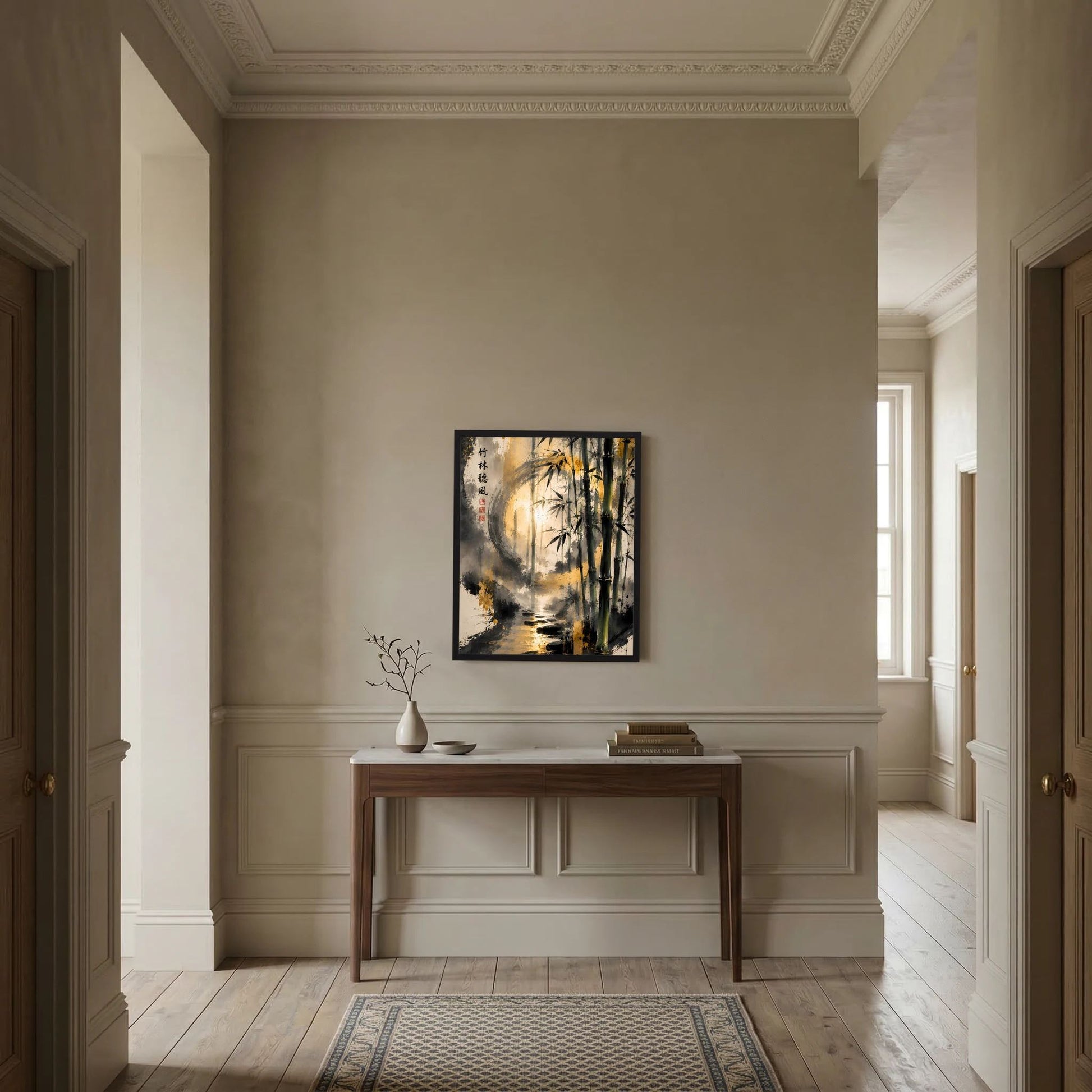 Zen-Kunstposter mit Bambus am Bach, Tuschemalerei, schwarzer Rahmen an der Wand