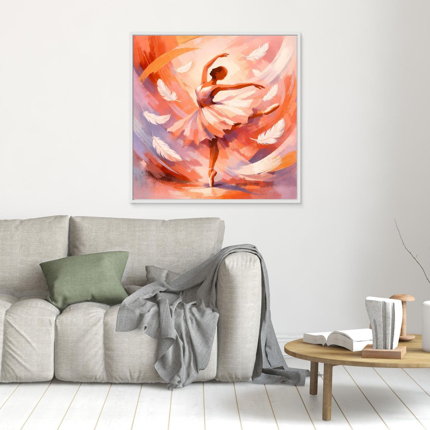 Leinwandbild mit abstrakter Ballerina in warmen Orange- und Rosatönen, silbern gerahmt