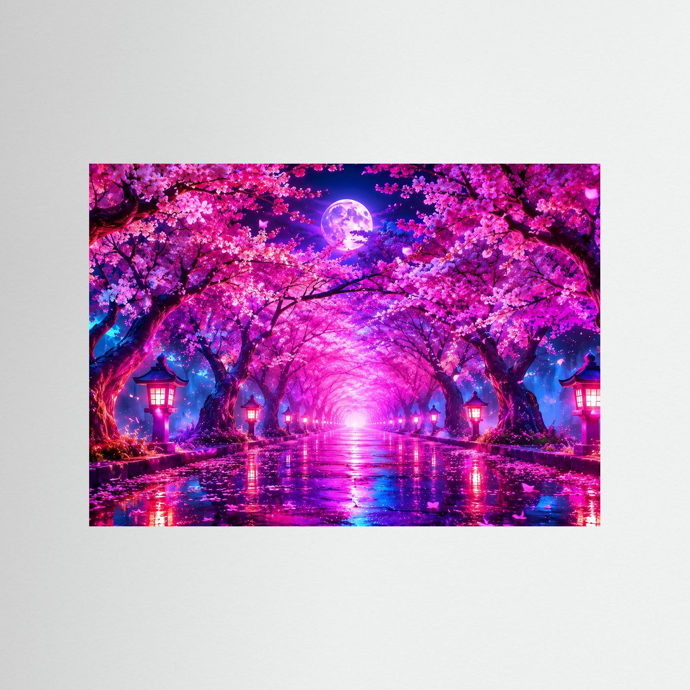 Kirschblüten Allee Wandbild Neon | Japan Poster Sakura Nacht | Leuchtender Vollmond | Fantasy Landschaft | Moderne Leinwand Wandkunst