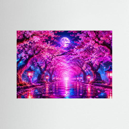 Wandbild mit Neon-Sakura-Allee bei Nacht, leuchtender Vollmond und Reflexionen im Wasser.