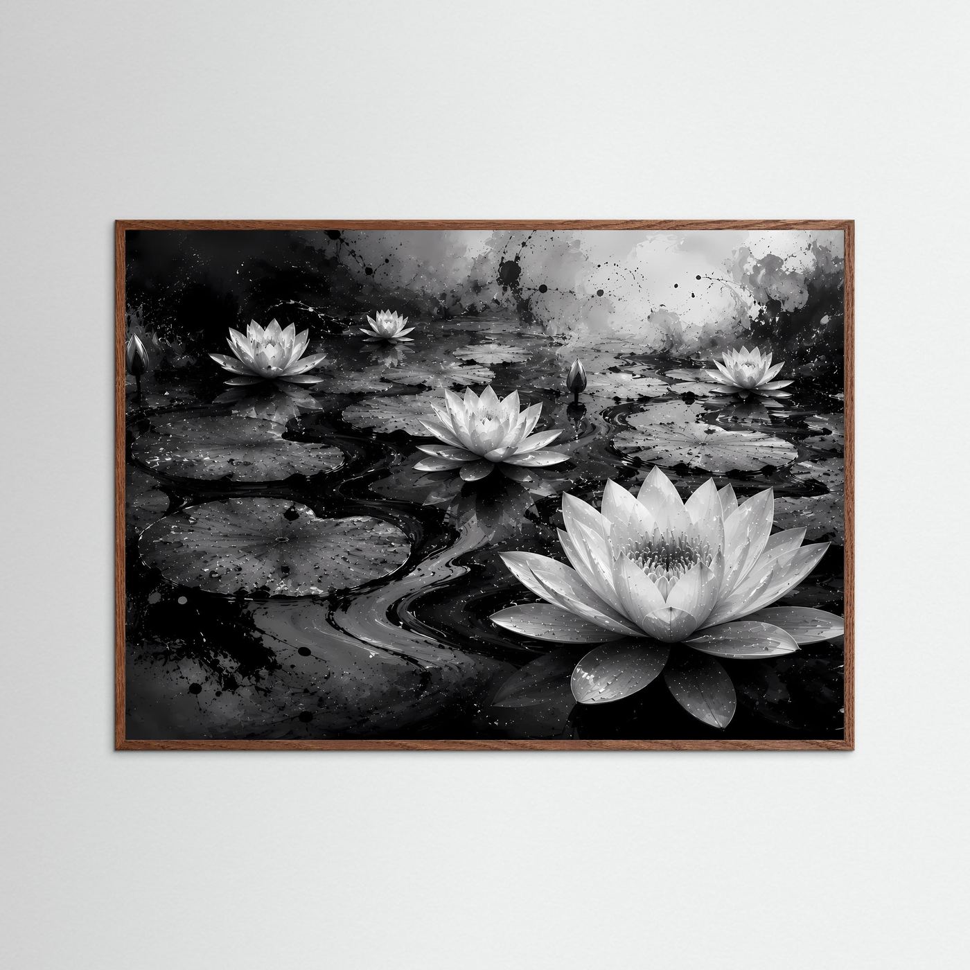 Weiße Seerosen auf schwarzem Wasser | Elegante Schwarz-Weiß Naturkunst – Moderner Lotus Teich