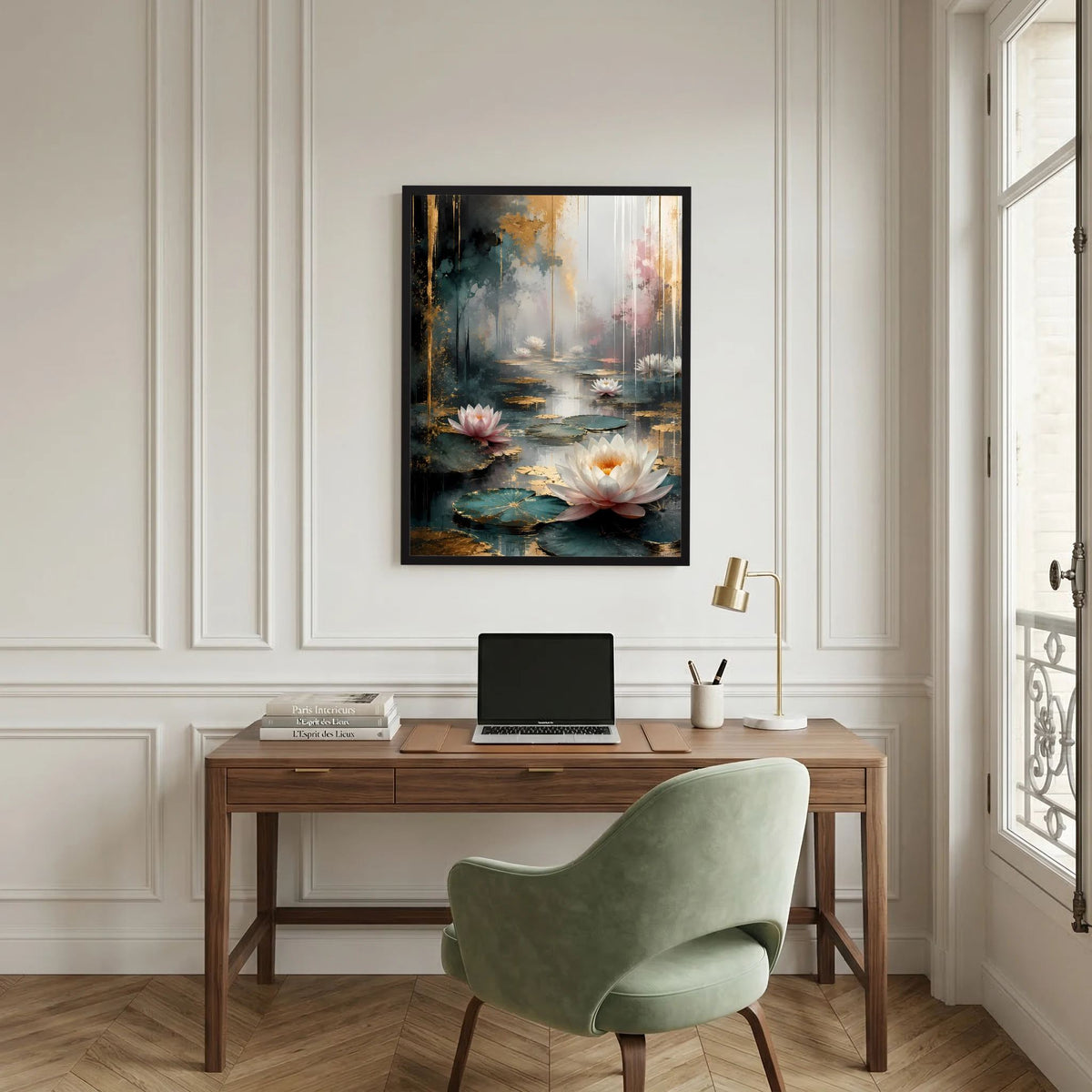 Poster im Hochformat mit abstrakten Wasserlilien in Weiß und Rosa, schwarzer Rahmen
