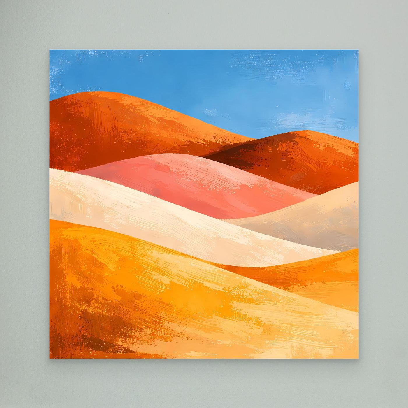 Leinwand-Wandbild ohne Rahmen mit abstrakter Dünenlandschaft in Blau, Orange und Beige