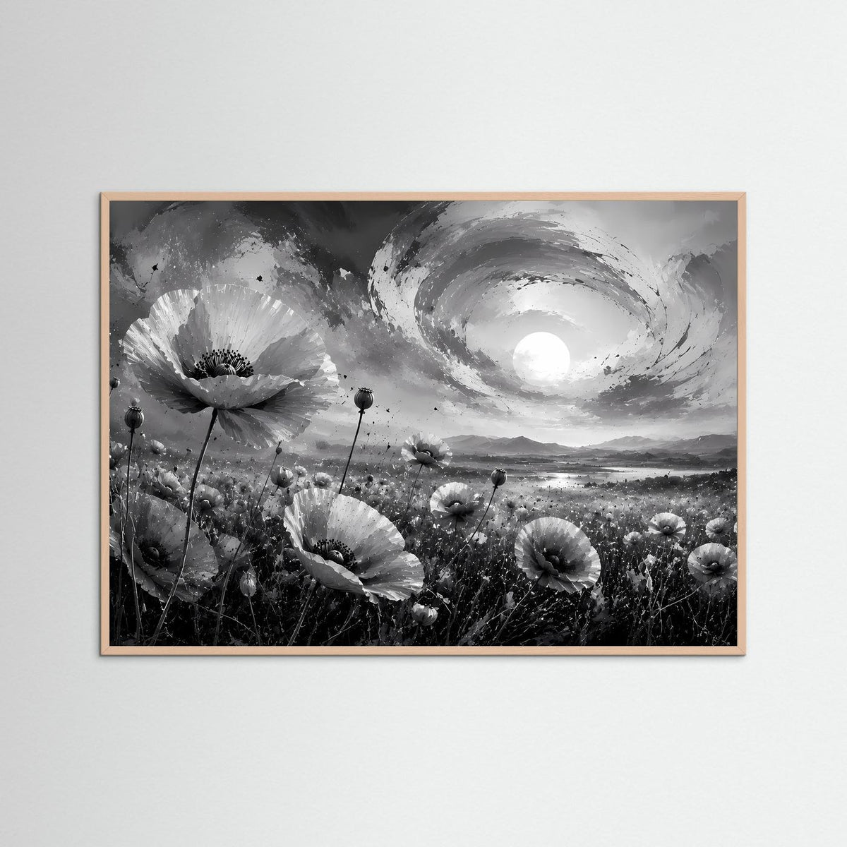 Schwarzweiß-Poster mit Mohnblumen und Vollmond im Wirbelwolkenhimmel, roséfarbener Holzrahmen