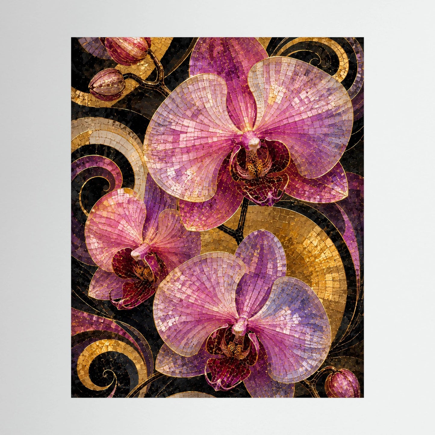 Kunstposter mit rosa Orchideen-Mosaik, goldene Wirbel auf dunklem Hintergrund