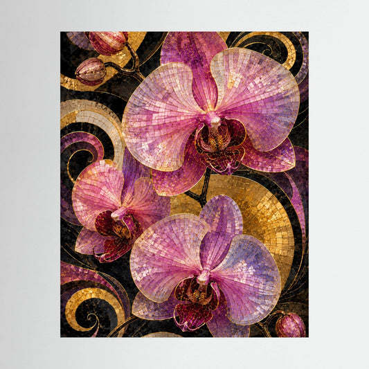 Kunstposter mit rosa Orchideen-Mosaik, goldene Wirbel auf dunklem Hintergrund