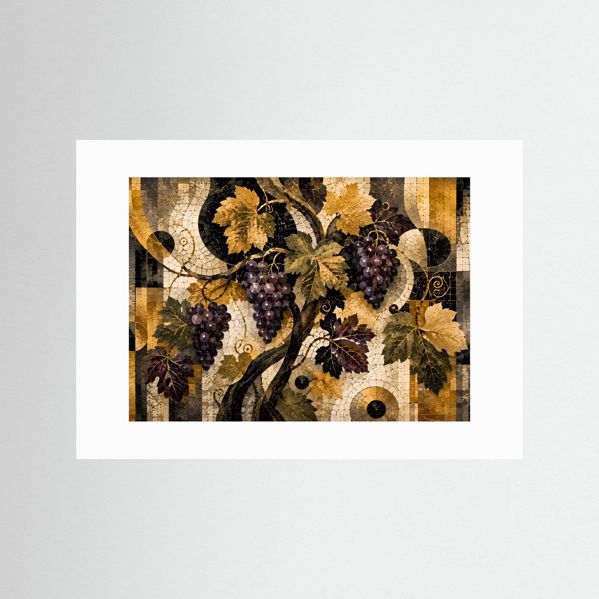Poster mit abstrakter Mosaik-Grafik goldener Weinreben und Trauben mit weißem Passepartout