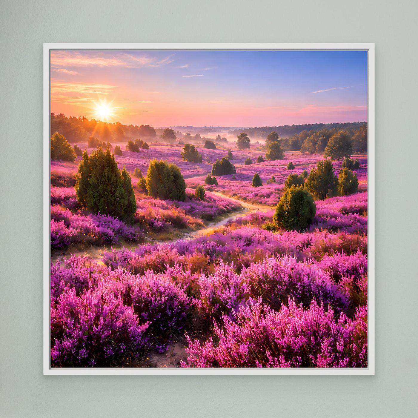 Leinwandbild mit blühender Heidekraut-Landschaft, Sonnenaufgang, weißer Rahmen