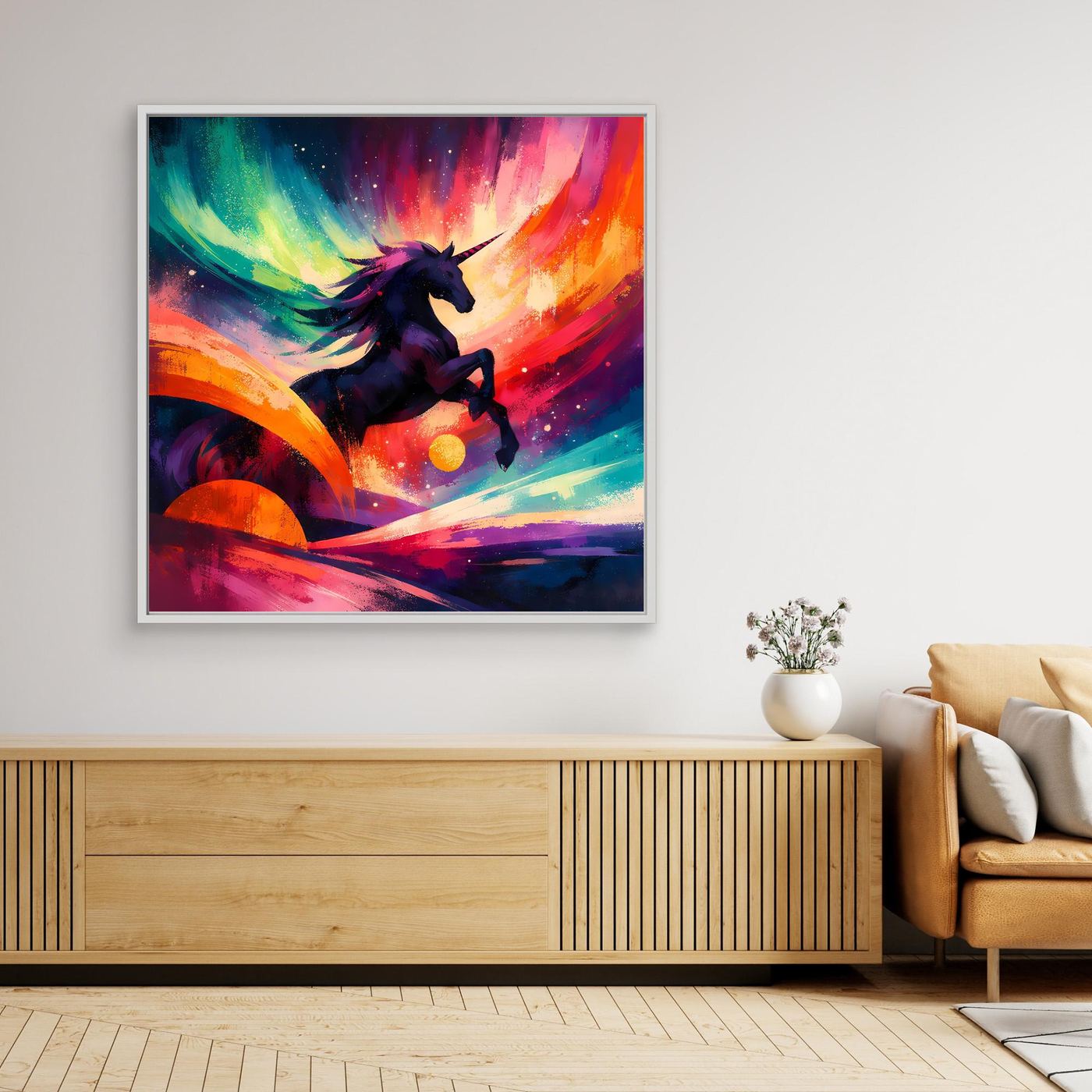 Weiß gerahmtes Leinwandbild mit dunklem Einhorn in buntem Regenbogen-Fantasy