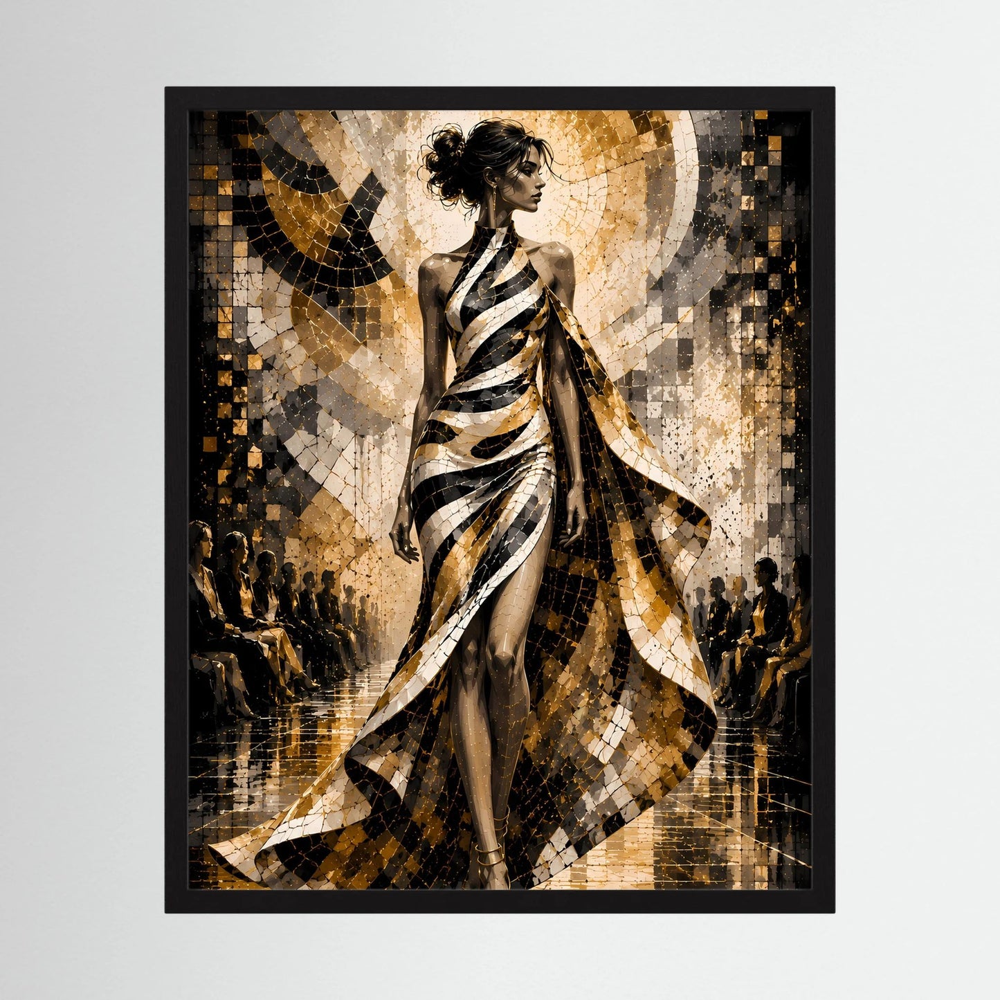 Poster im Hochformat mit Porträt einer eleganten Frau in Schwarz-Weiß und Gold, schwarzer Rahmen