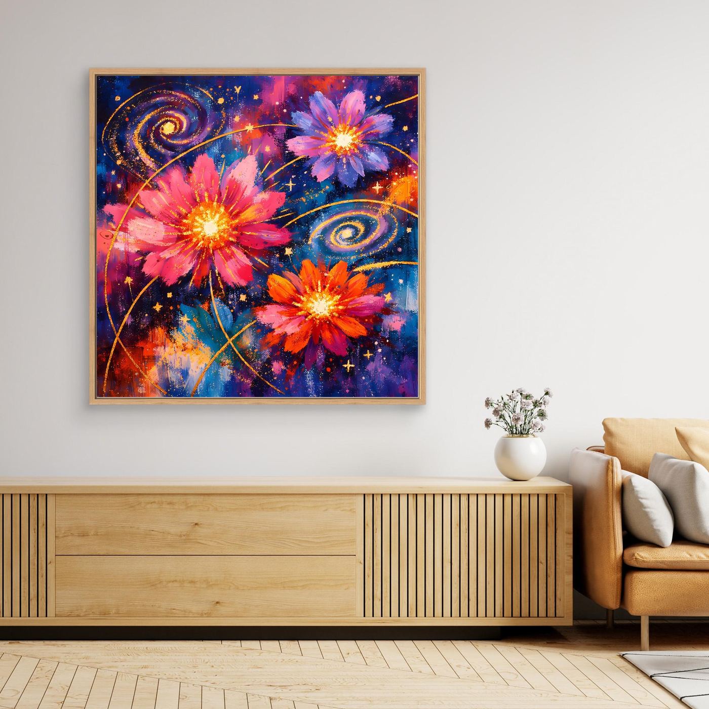 Leinwand-Wandbild mit kosmischen Blüten, Sternen und Spiralnebeln im hellbraunen Rahmen.