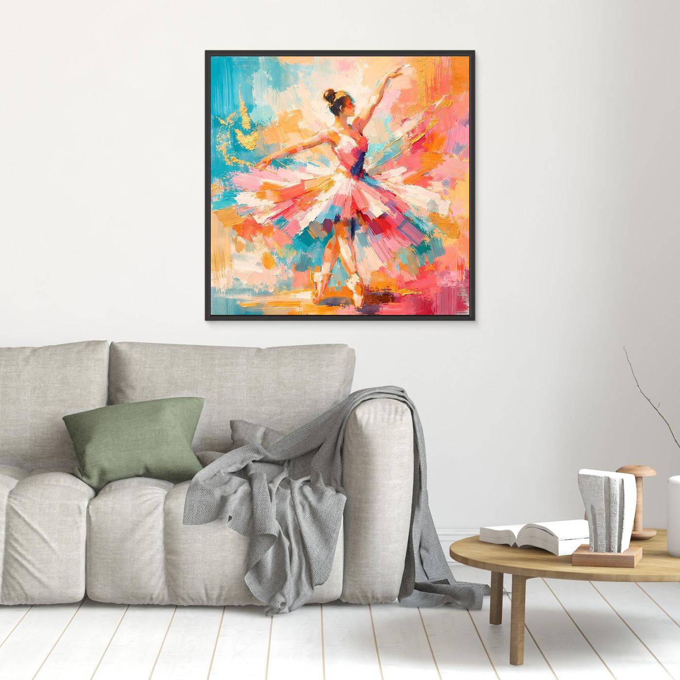 Abstraktes Leinwandbild mit Ballerina, buntes Kleid, schwarzer Rahmen