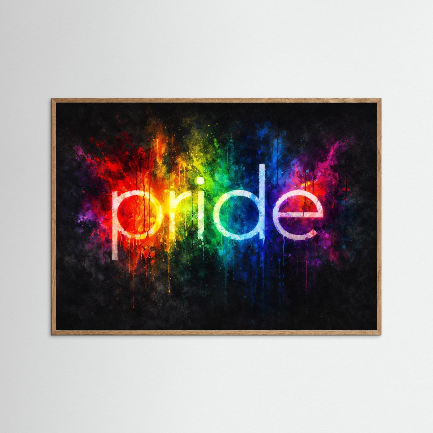 Wandbild „pride“ mit Regenbogen-Lichtspray und hellem Holzrahmen