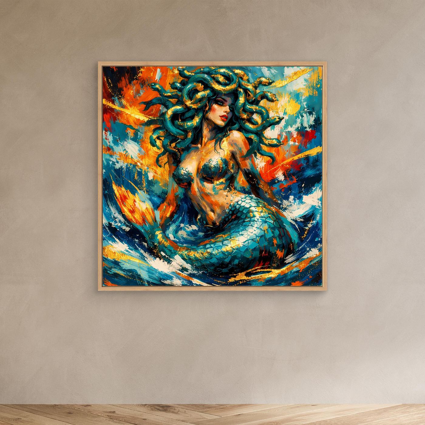 Leinwandbild Medusa-Meerjungfrau, abstrakt Blau/Orange, heller Holzrahmen.