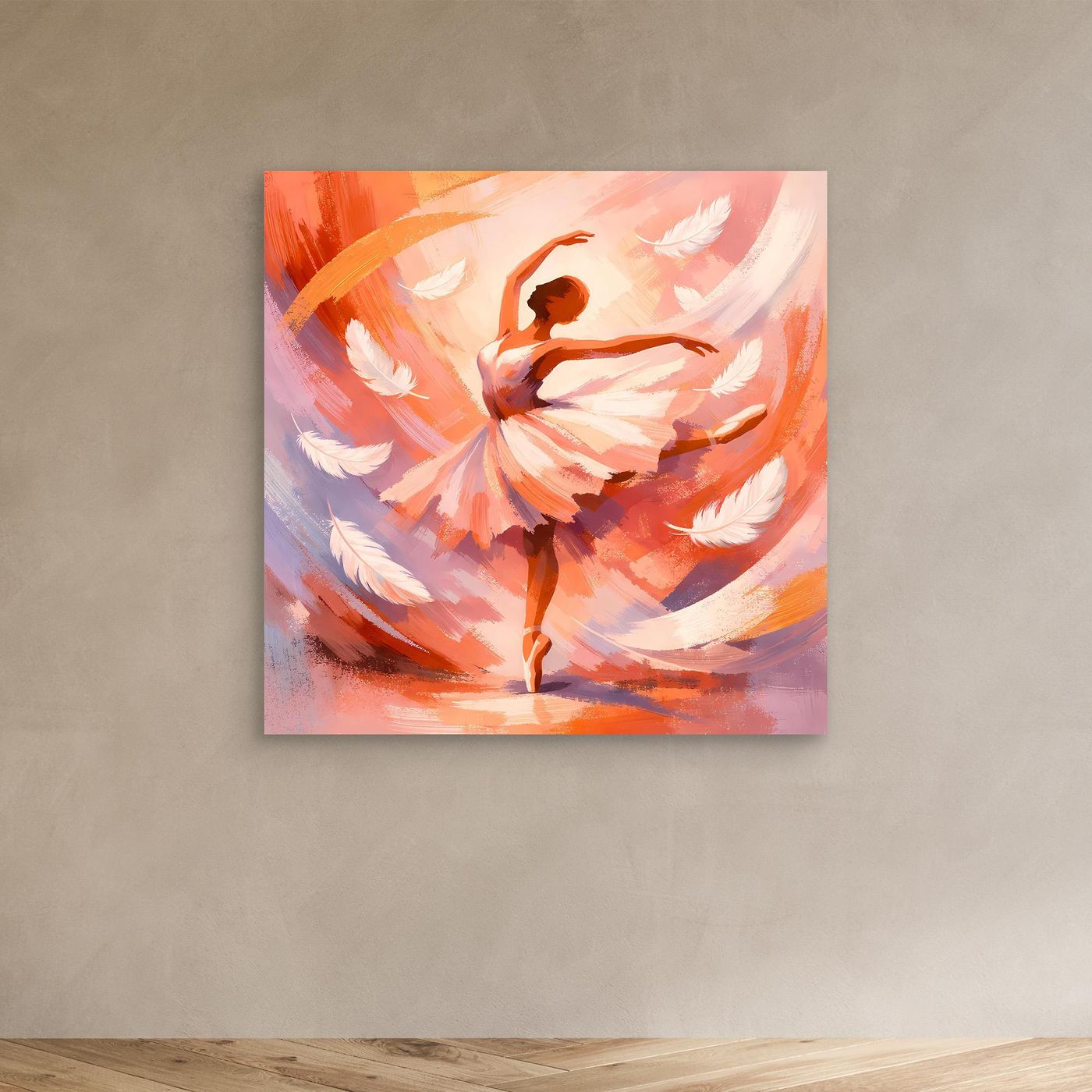 Abstraktes Leinwandbild mit Ballerina in warmen Orange- und Pinktönen, ohne Rahmen