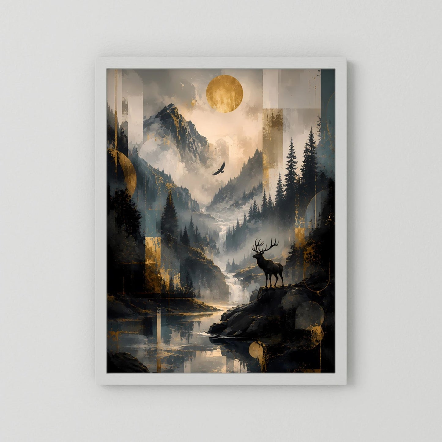 Hochformatiges Poster mit Hirsch auf Fels, Mond über Bergtal, weißer Rahmen