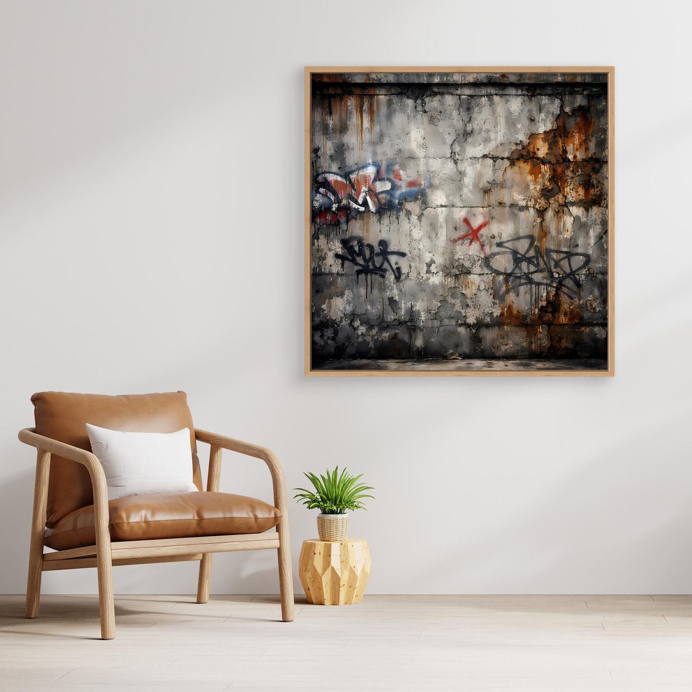 Leinwandbild mit Urban-Graffiti auf Betonoptik, goldbrauner Holzrahmen