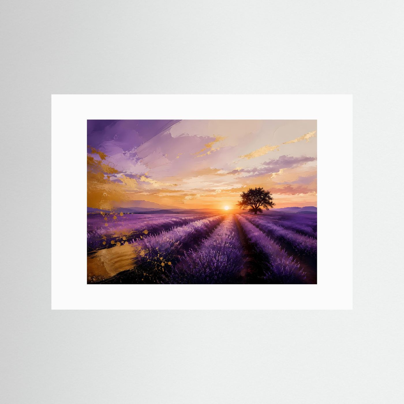 Lavendelfeld-Wandbild mit Sonnenuntergang: lila Felder, mit weißem Rand