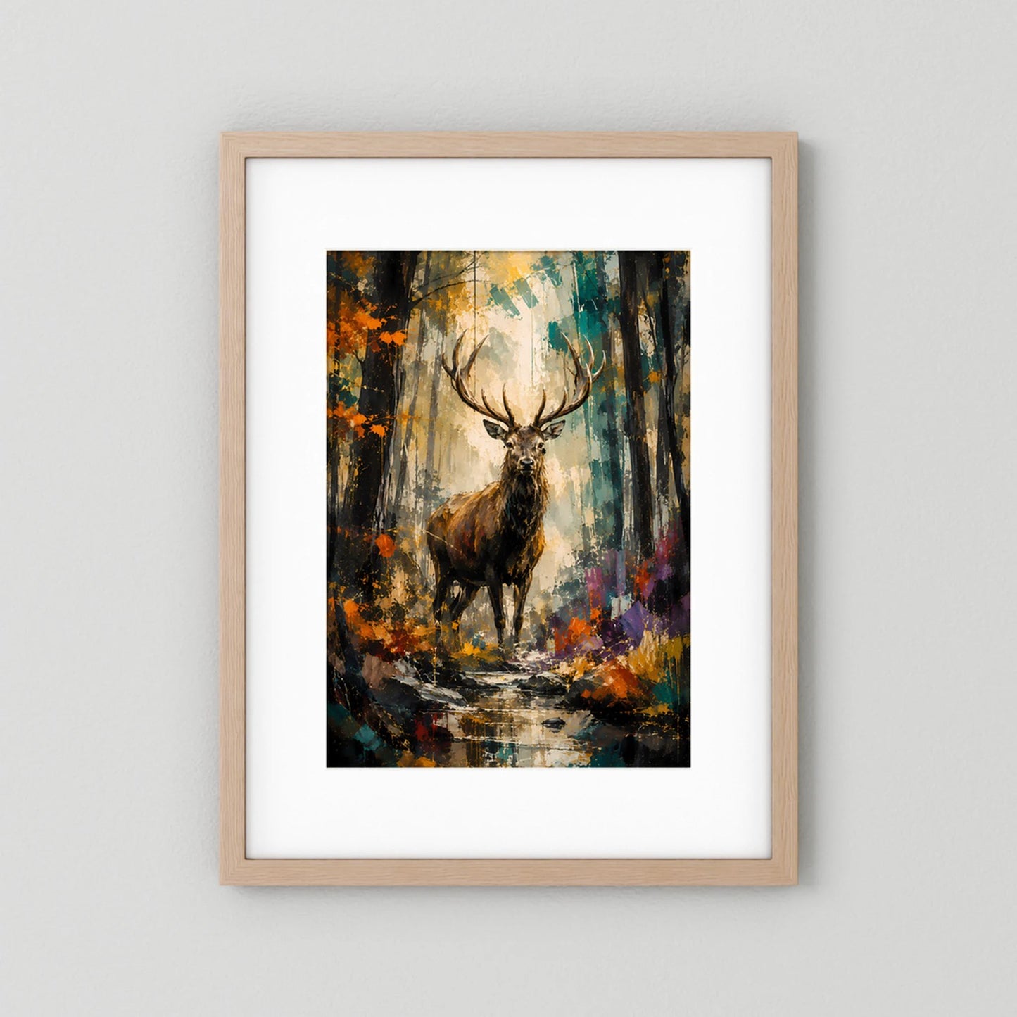 Majestätischer Hirsch | Abstrakte Waldkunst in Gold und Türkis | Poster Hochformat