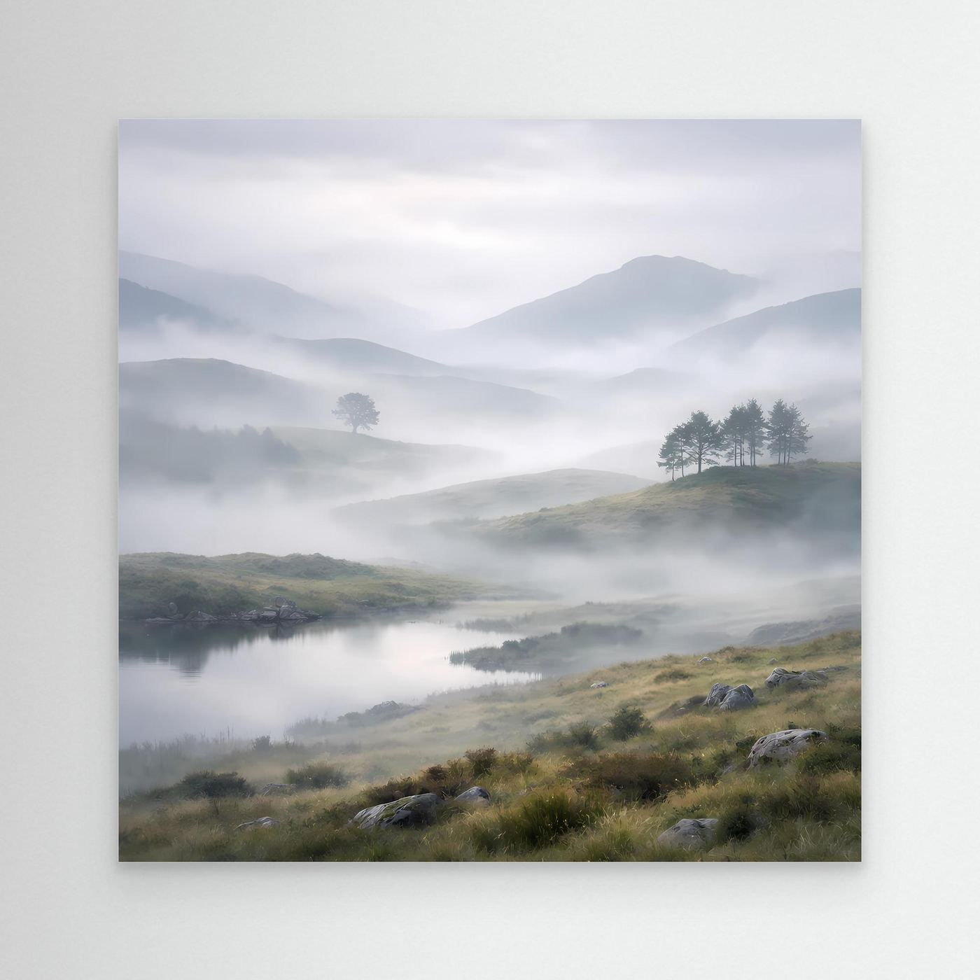 Leinwandbild mit nebligem Bergsee, hügeliger Landschaft und sanften Bergen