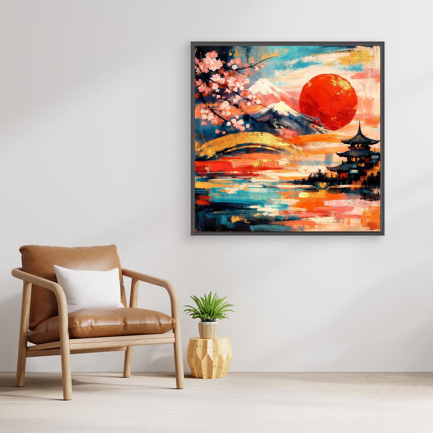 Leinwandbild mit dunklem Rahmen: Fuji-Landschaft mit roter Sonne, Kirschblüten und Pagode