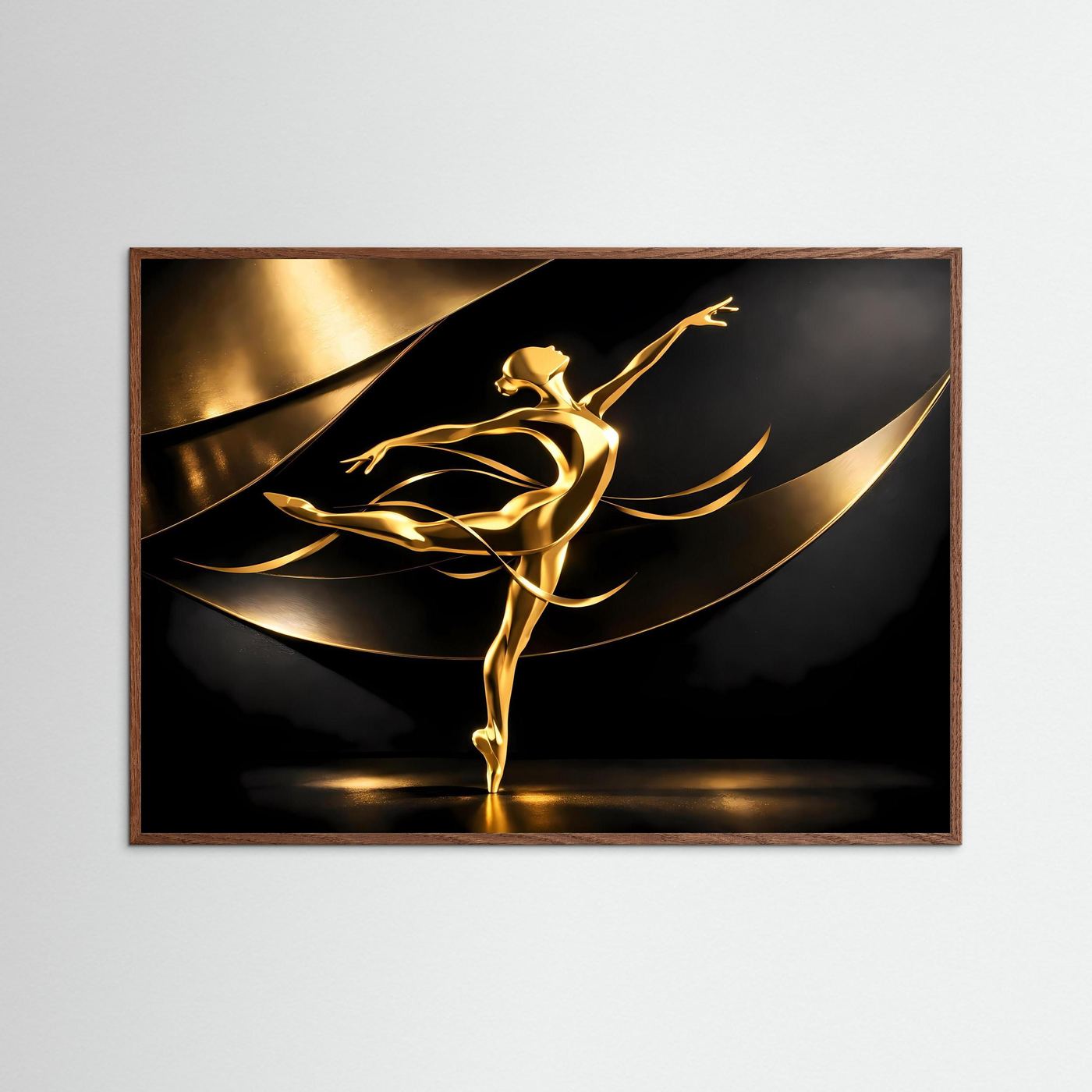 Gerahmtes Wandbild: goldene Ballerina-Skulptur über schwarzen Wellen, braun