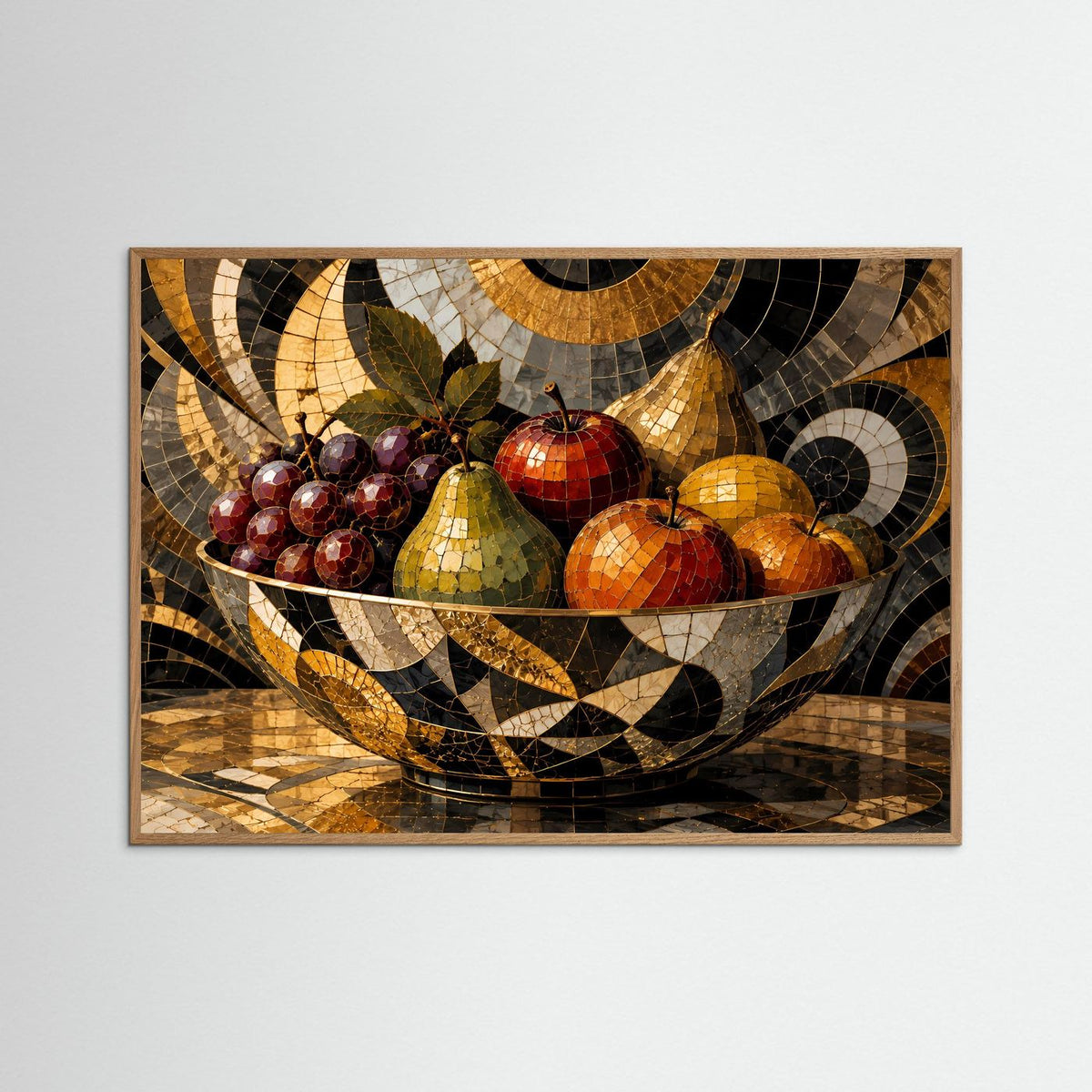 Mosaik-Obststillleben mit naturfarbenem Eichenrahmen; Obstschale mit Trauben, Äpfeln und Birnen
