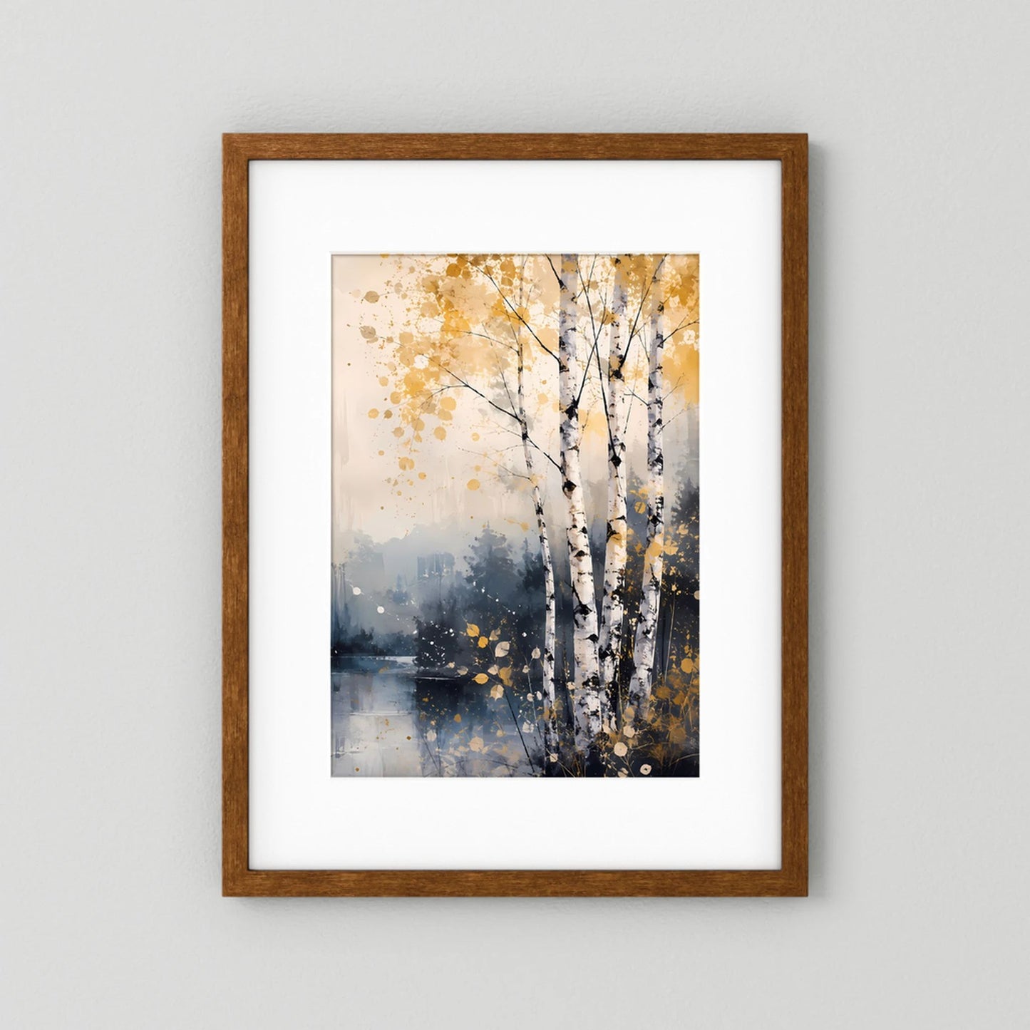 Hochformat-Poster: abstrakte Birken am See mit goldenen Spritzern, Holzrahmen braun