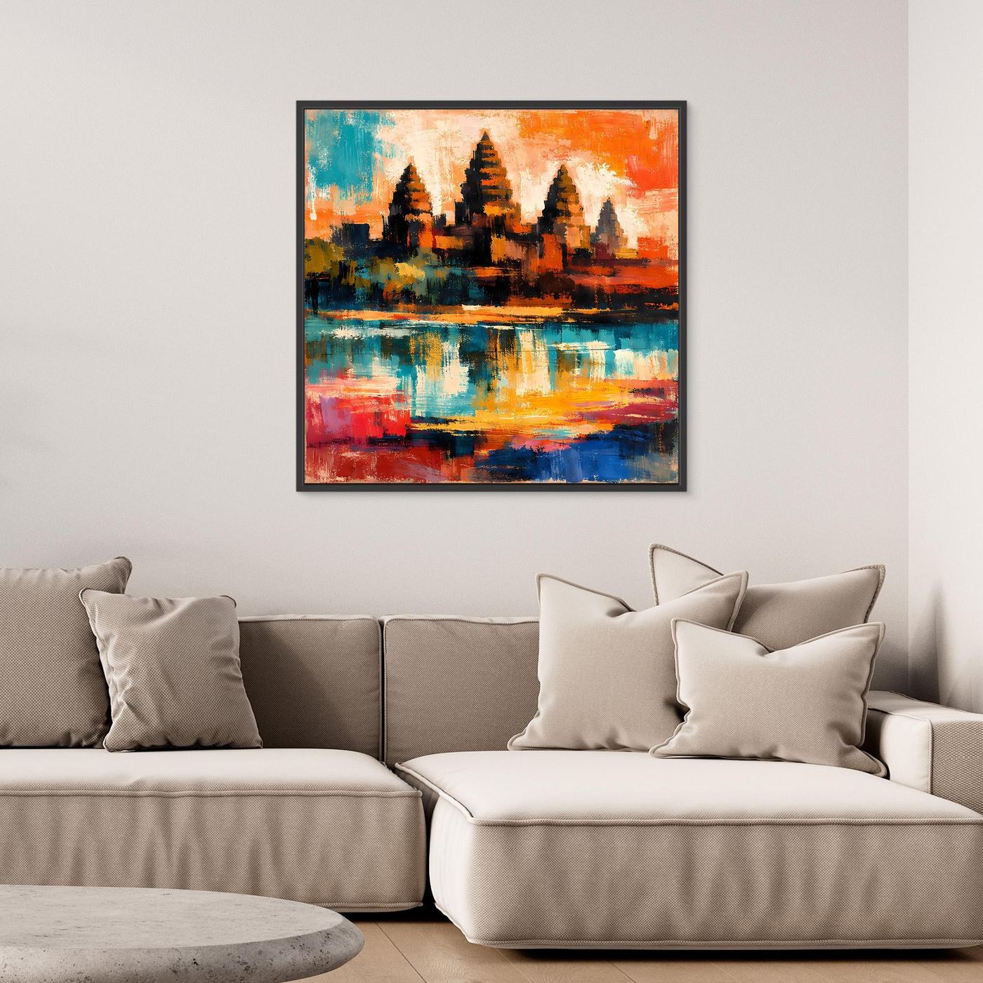 Abstraktes Leinwand-Wandbild mit Maya-Pyramide am Wasser, mit schwarzem Rahmen