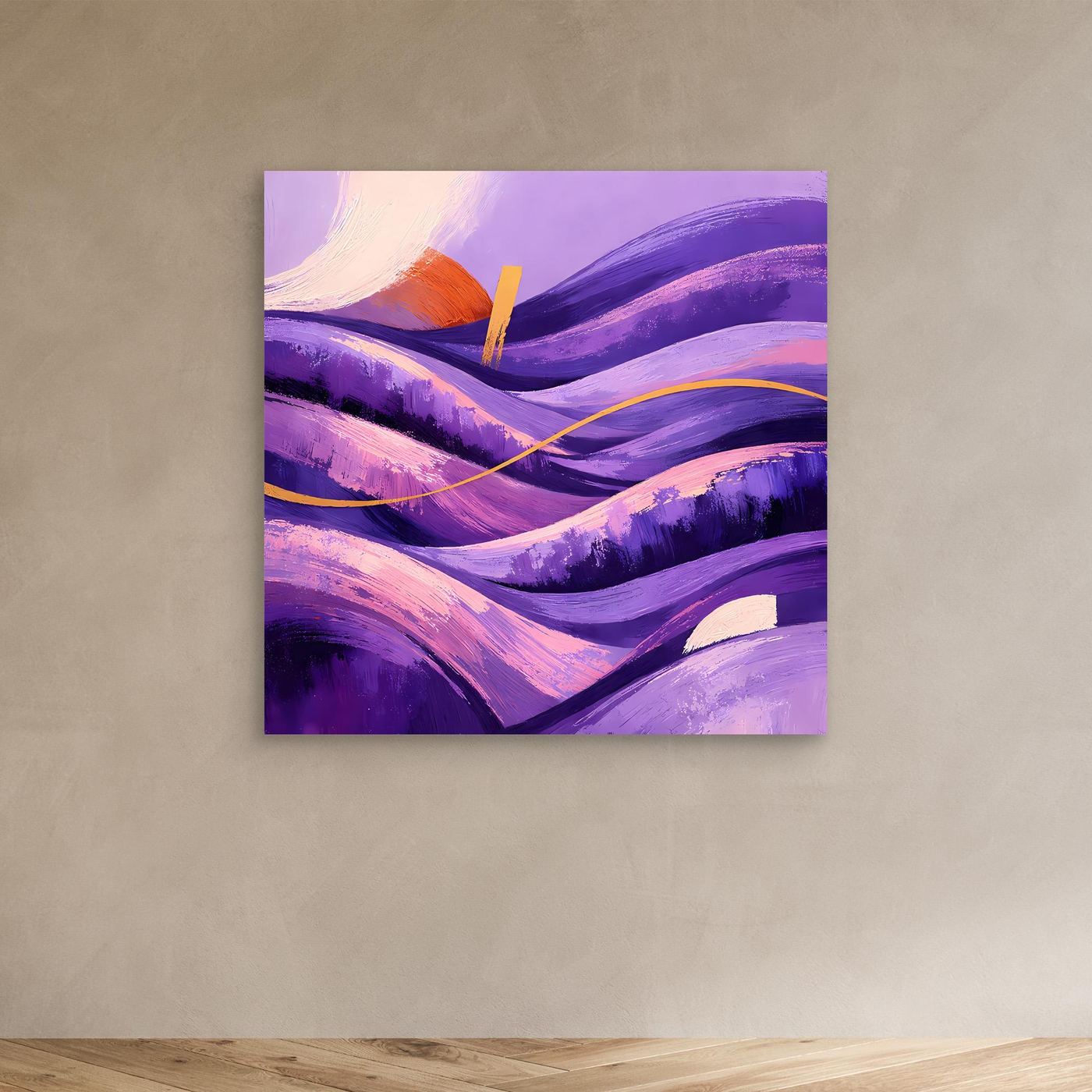 Leinwandbild Wellental in Violett mit Goldlinie und orangefarbener Akzentspur, ohne Rahmen