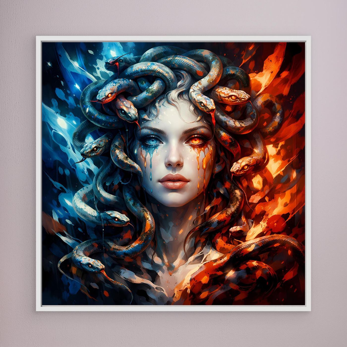 Leinwand Mystische Medusa im Feuer- und Eis-Kontrast | Modernes Fantasy Wandbild